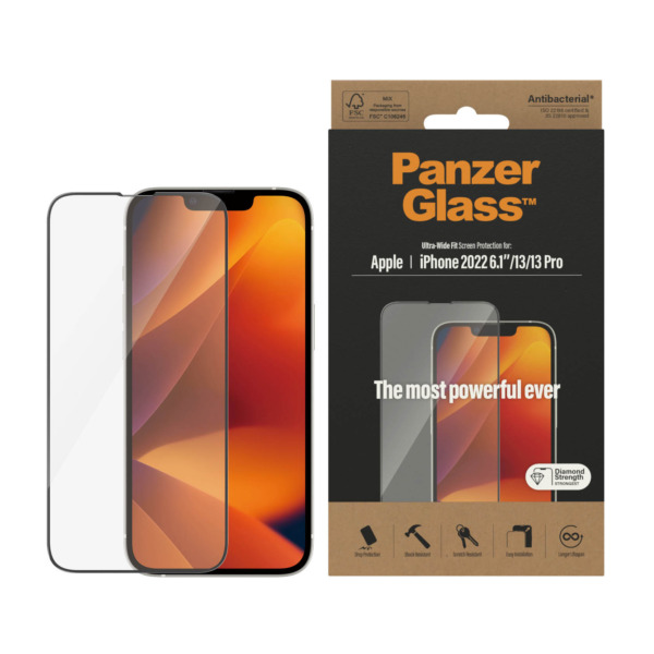 PanzerGlass ultra-wide fit iPhone 14 screenprotector glas | Partly