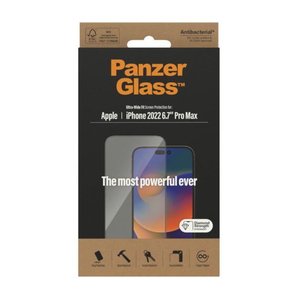 PanzerGlass ultra-wide fit iPhone 14 Pro Max screenprotector glas | Partly