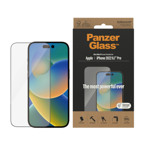 PanzerGlass ultra-wide fit iPhone 14 Pro screenprotector glas | Partly
