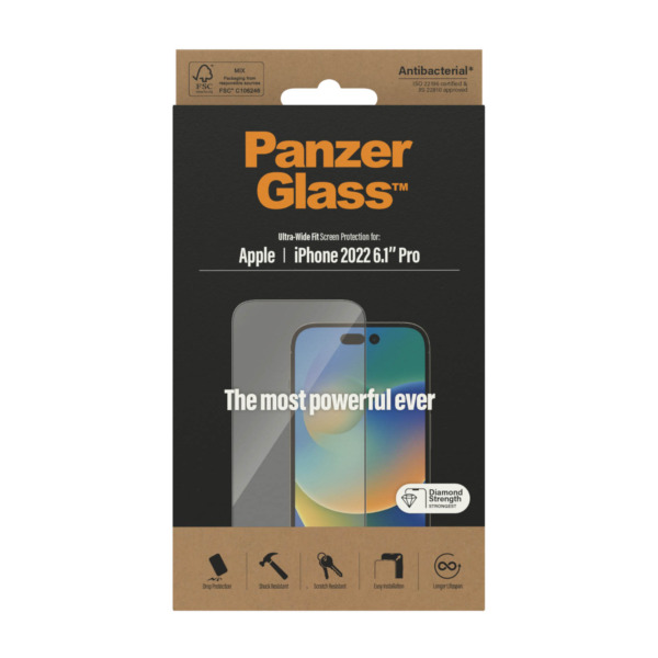 PanzerGlass ultra-wide fit iPhone 14 Pro screenprotector glas | Partly